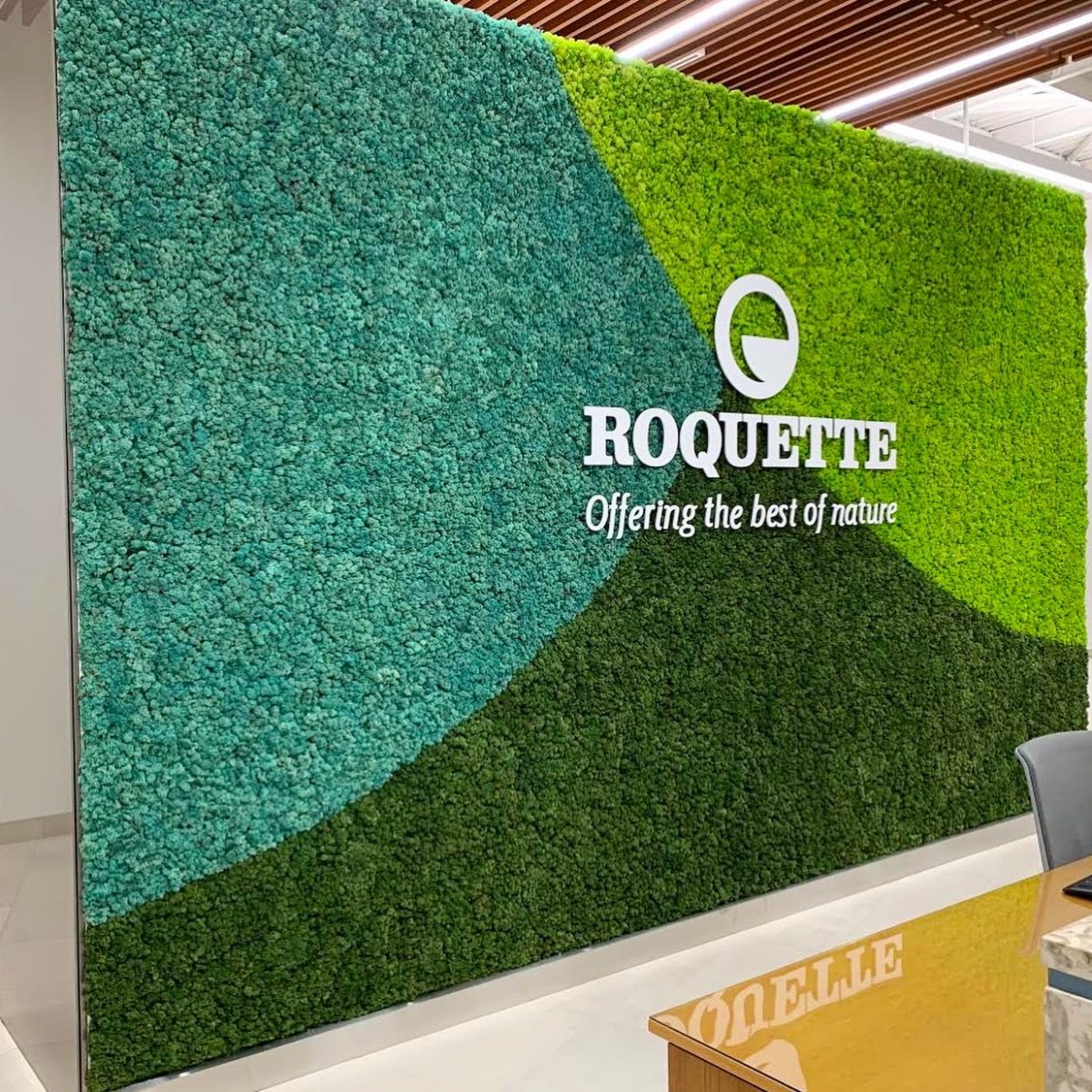 Preserved moss signage for Roquette pea factory