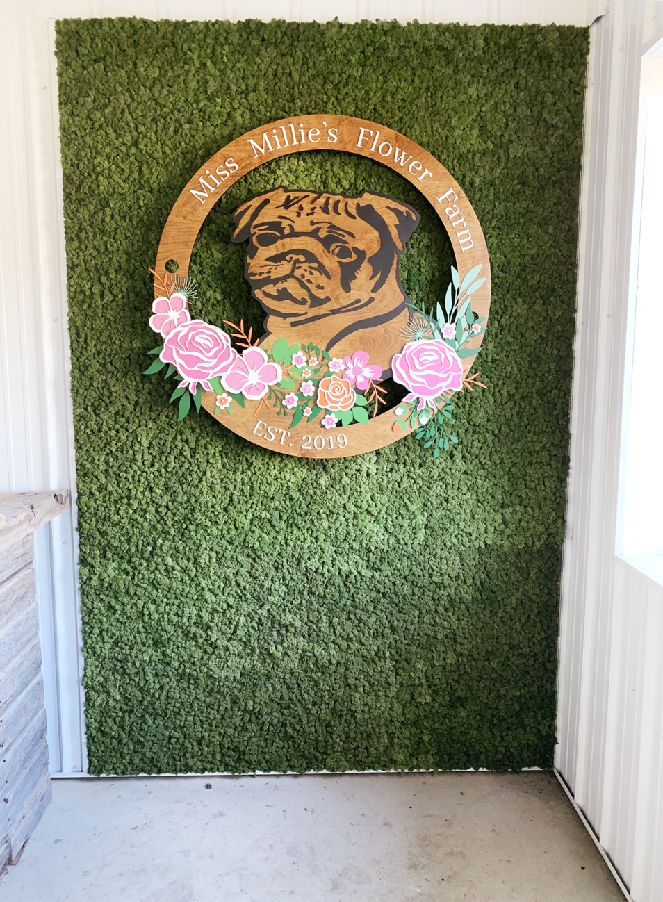 Reindeer moss preserved wall install at Miss Millie's Flower Farm.